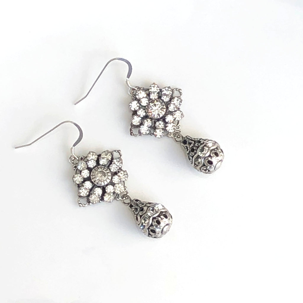 Antique Silver Swarovski Crystal Earrings with Crystal Drops