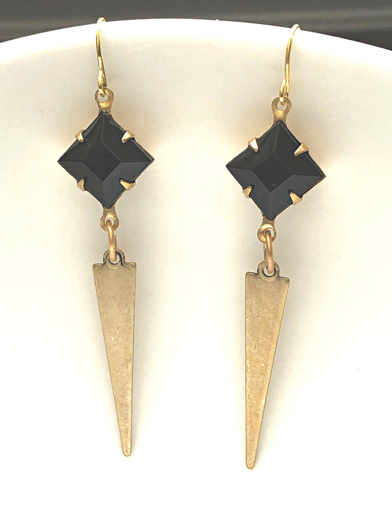 Gold Art Deco Earrings Vintage Black Crystals