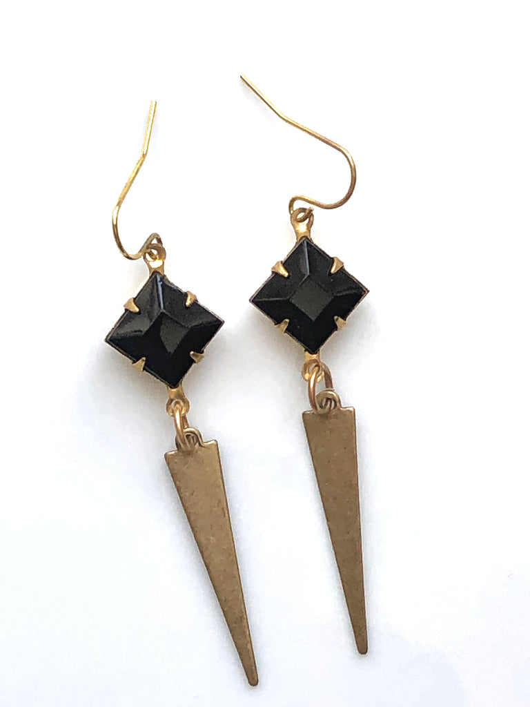 Gold Art Deco Earrings Vintage Black Crystals