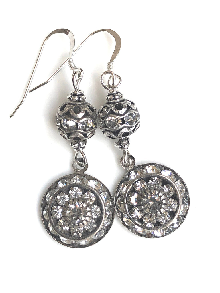 Round Silver Art Deco Earrings with Swarovski Drops