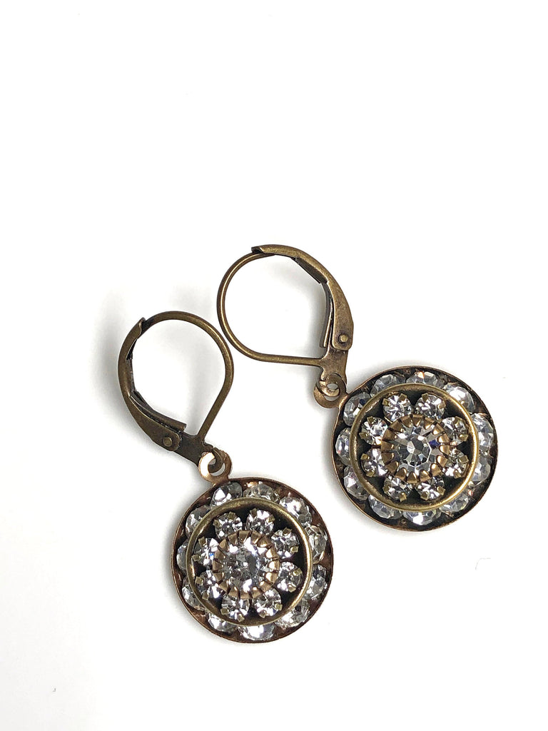 Lever Back Antique Brass Earrings with Crystals