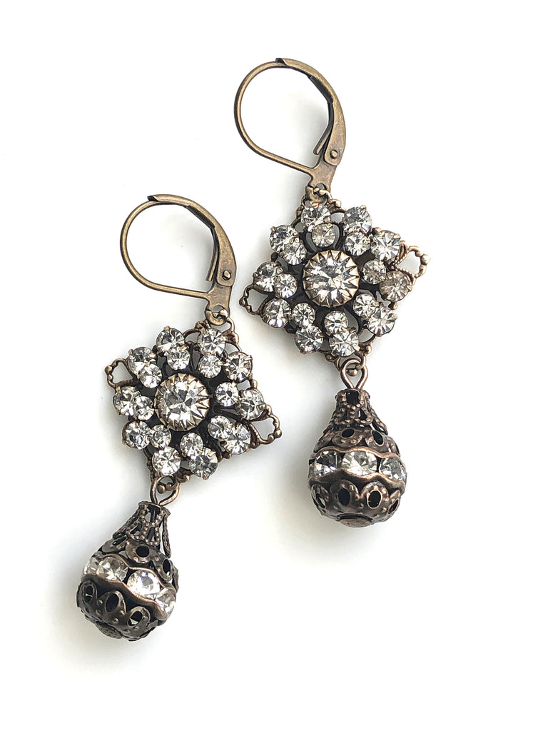 Antique Brass Swarovski Crystal Earrings with Crystal Drops