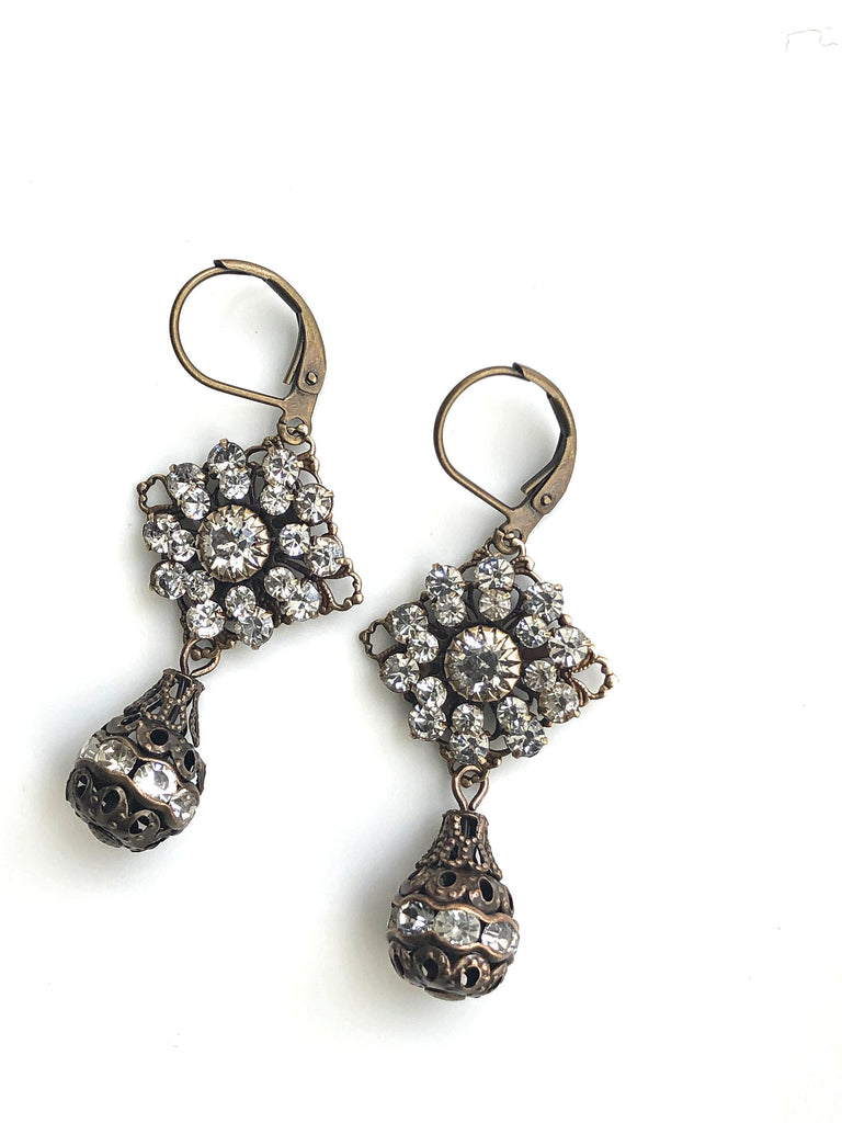 Antique Brass Swarovski Crystal Earrings with Crystal Drops