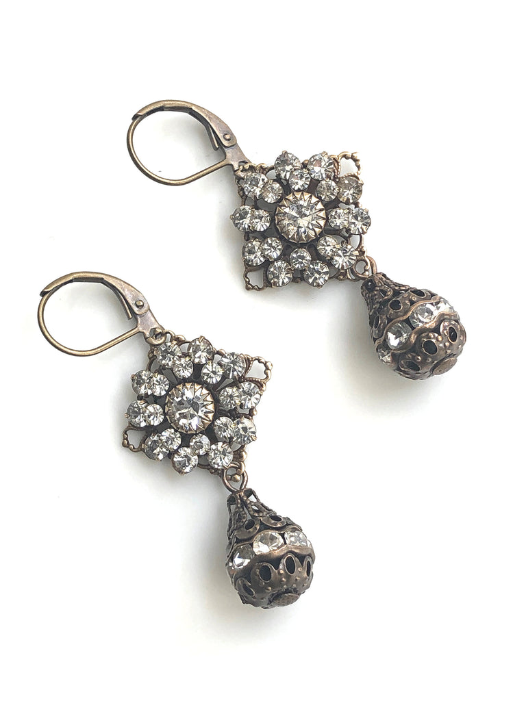 Antique Brass Swarovski Crystal Earrings with Crystal Drops