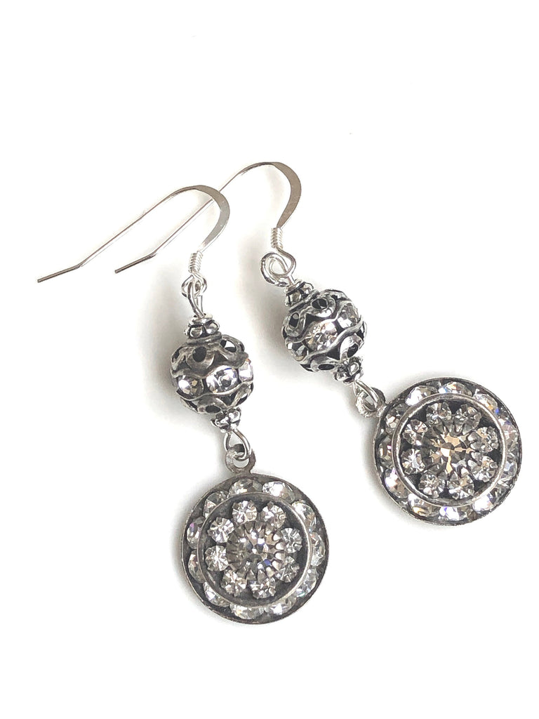 Round Silver Art Deco Earrings with Swarovski Drops