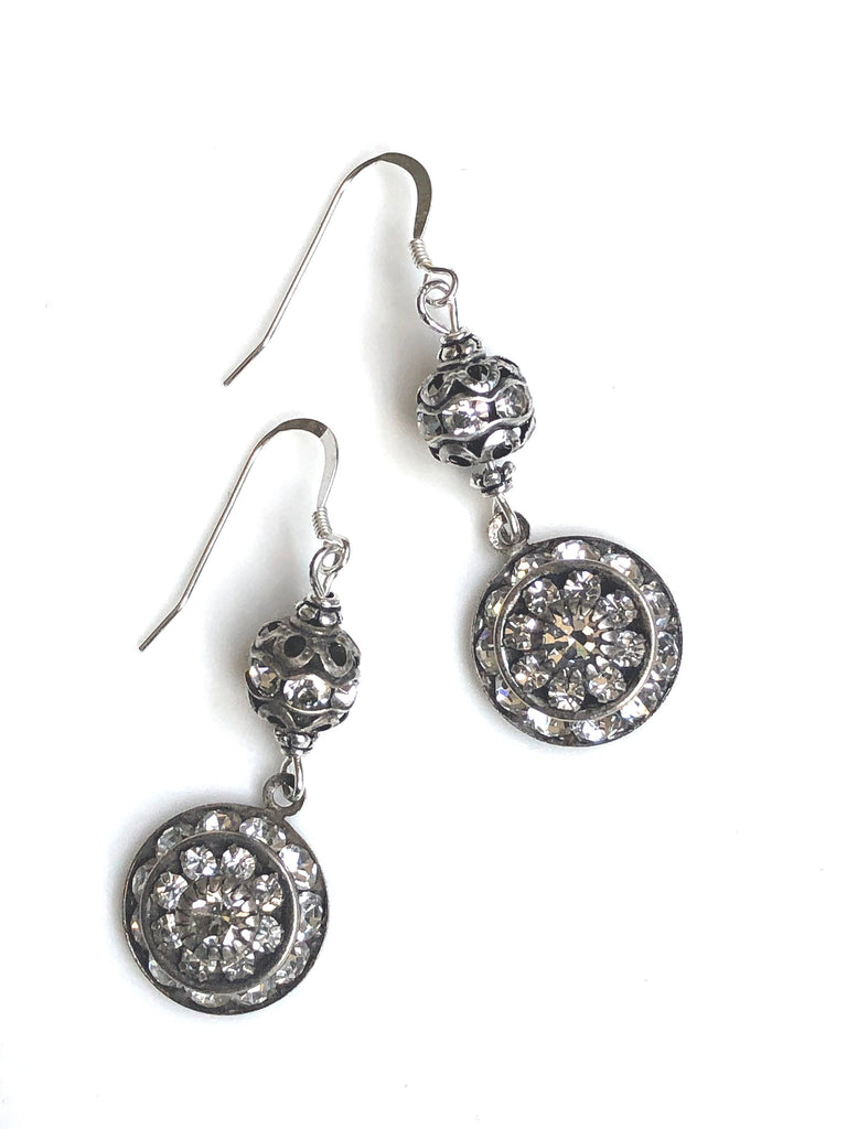 Round Silver Art Deco Earrings with Swarovski Drops