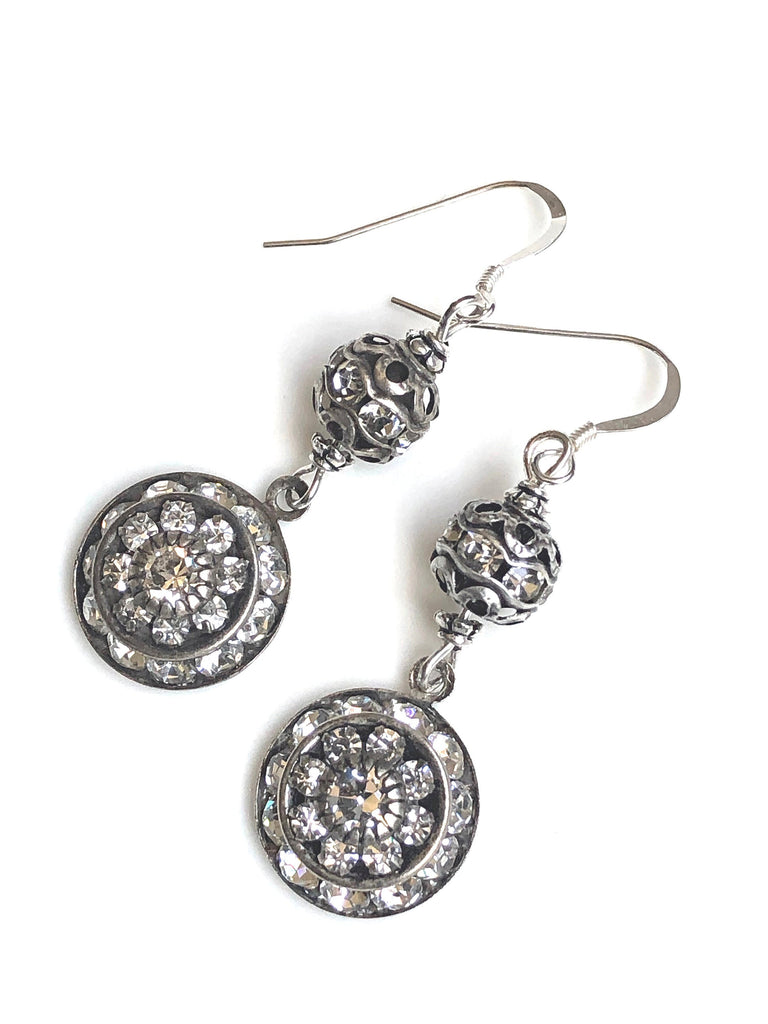 Round Silver Art Deco Earrings with Swarovski Drops