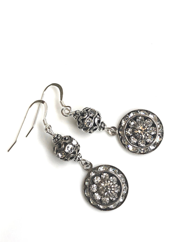 Round Silver Art Deco Earrings with Swarovski Drops