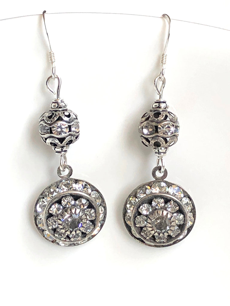 Round Silver Art Deco Earrings with Swarovski Drops