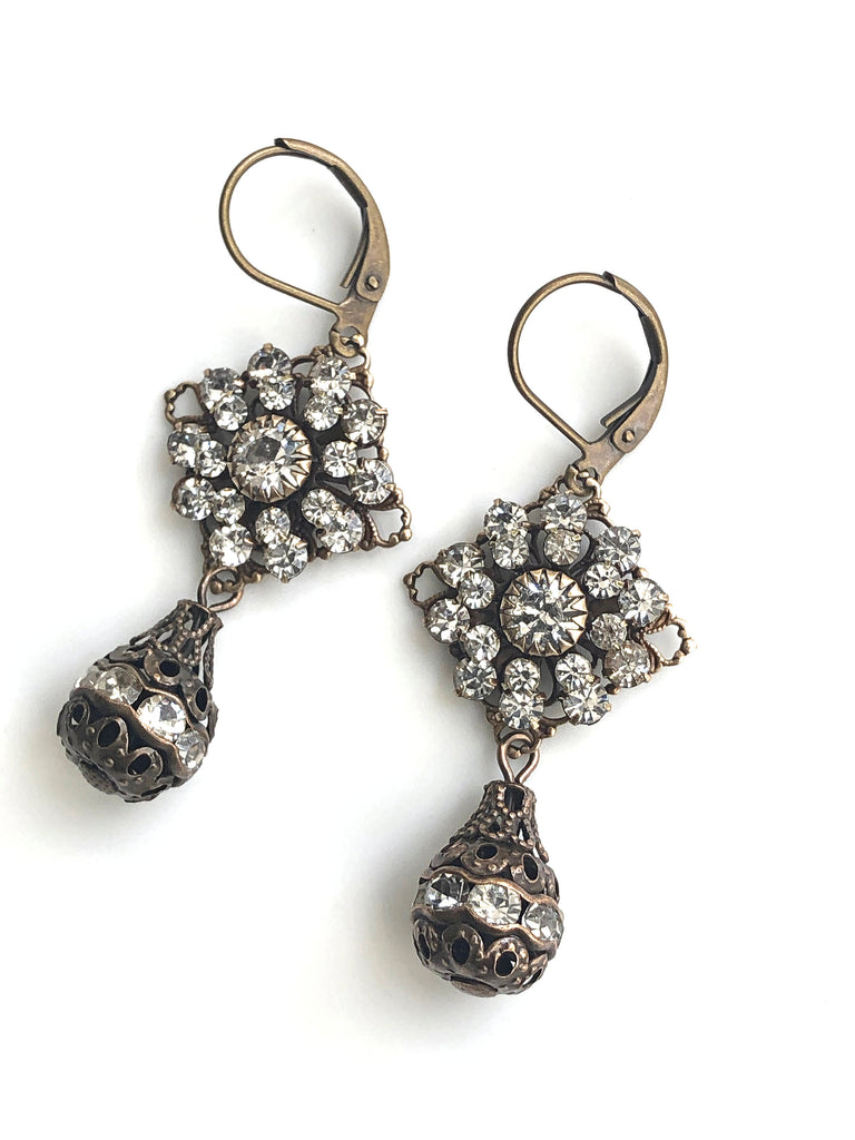 Antique Brass Swarovski Crystal Earrings with Crystal Drops