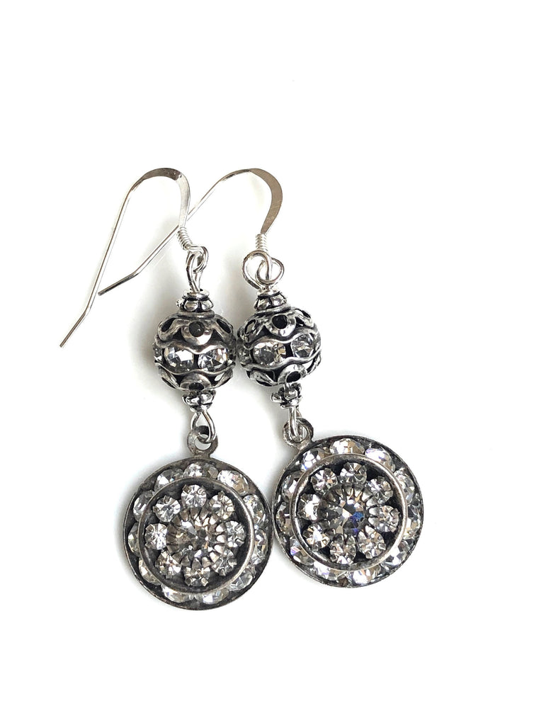 Round Silver Art Deco Earrings with Swarovski Drops