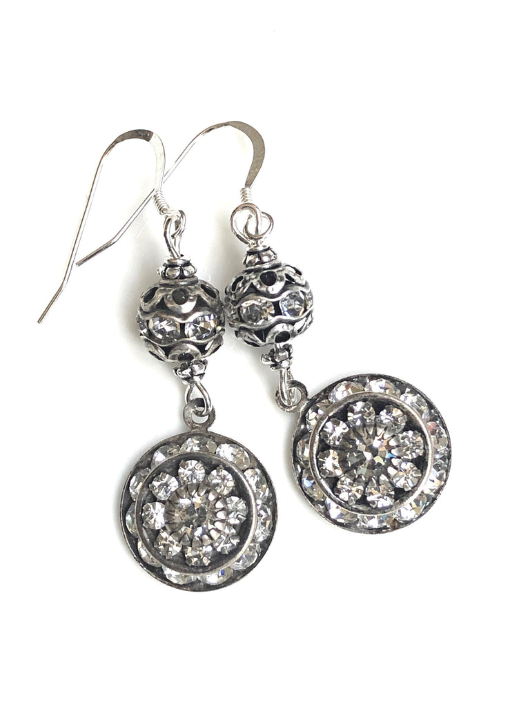 Round Silver Art Deco Earrings with Swarovski Drops