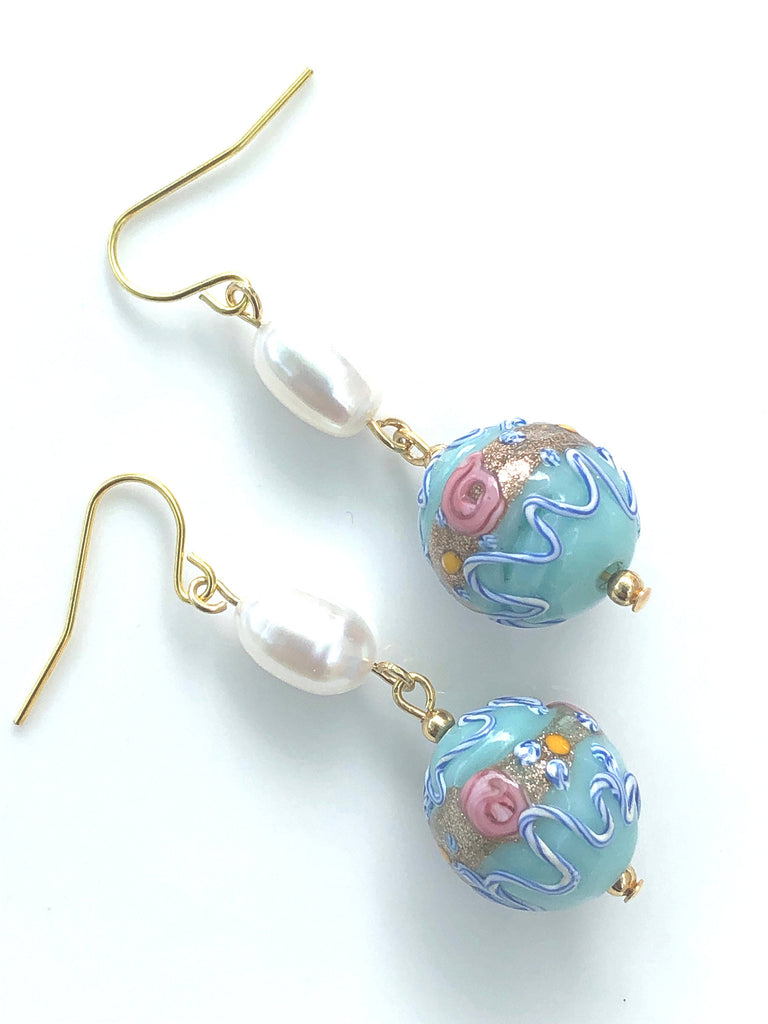 Murano Glass Earrings with Pearl Drops 