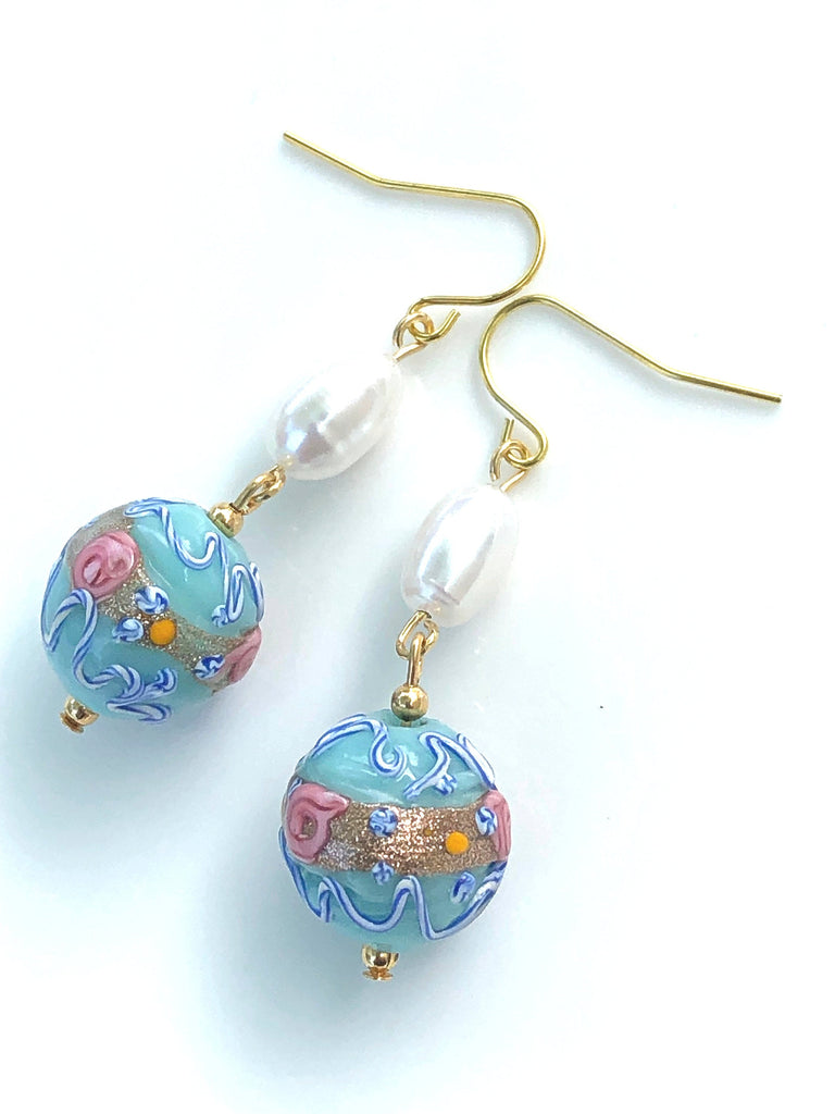 Murano Glass Earrings with Vintage Wedding Cake Beads