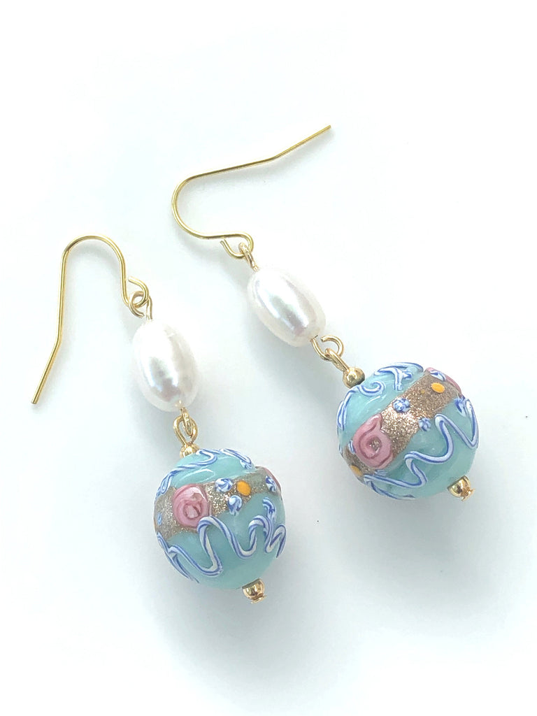 Pearl Drop Earrings with Vintage Venetian Wedding Cake Lampwork Beads