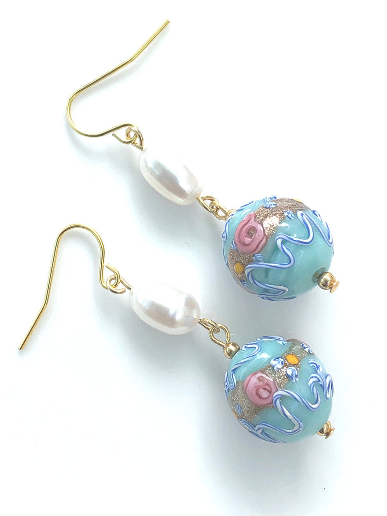 Vintage Venetian Wedding Cake Lampwork Bead Earrings with Pearl Drops Vintage Jewelry 