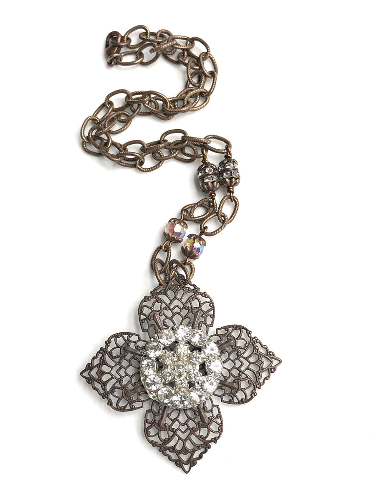 Vintage Button Jewelry Brass Filigree Cross Pendant Necklace with Rhinestone Button