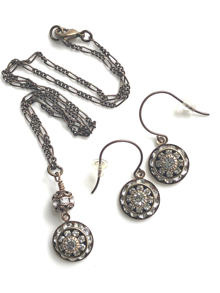 Brass Art Deco Swarovski Necklace Earrings Set - Gift Set 