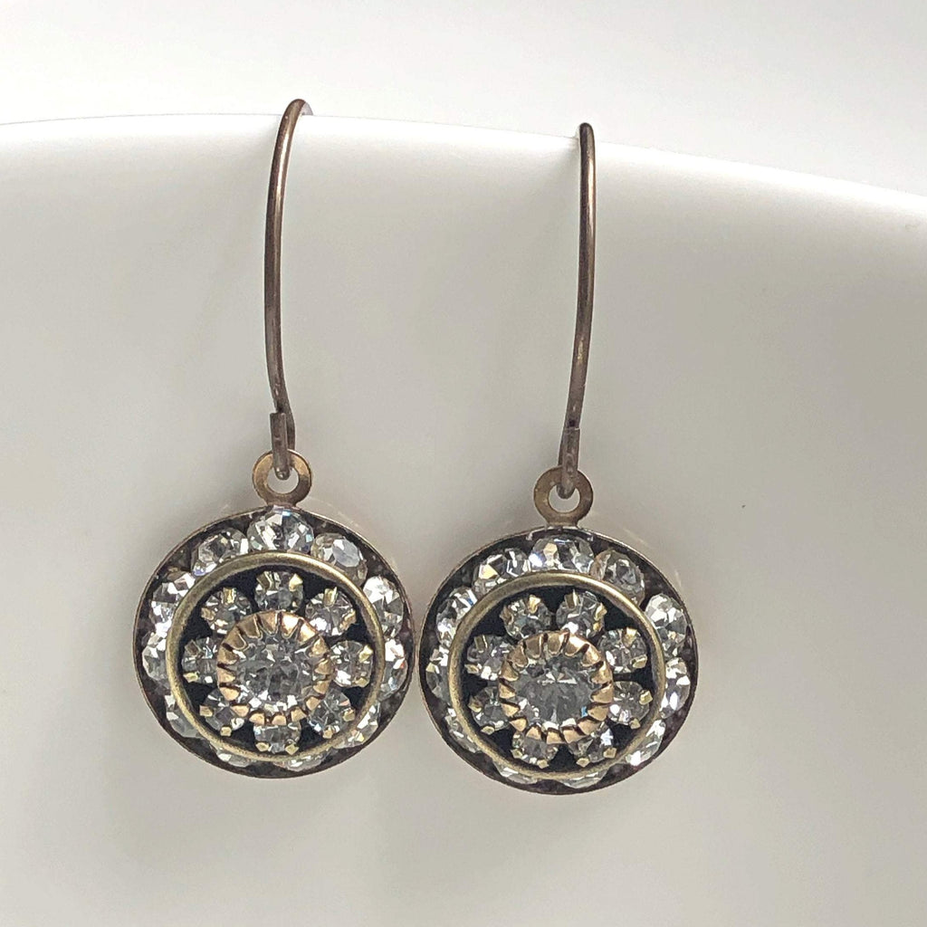 Art Deco Swarovski Crystal Earrings in Antique Brass Wedding Jewelry