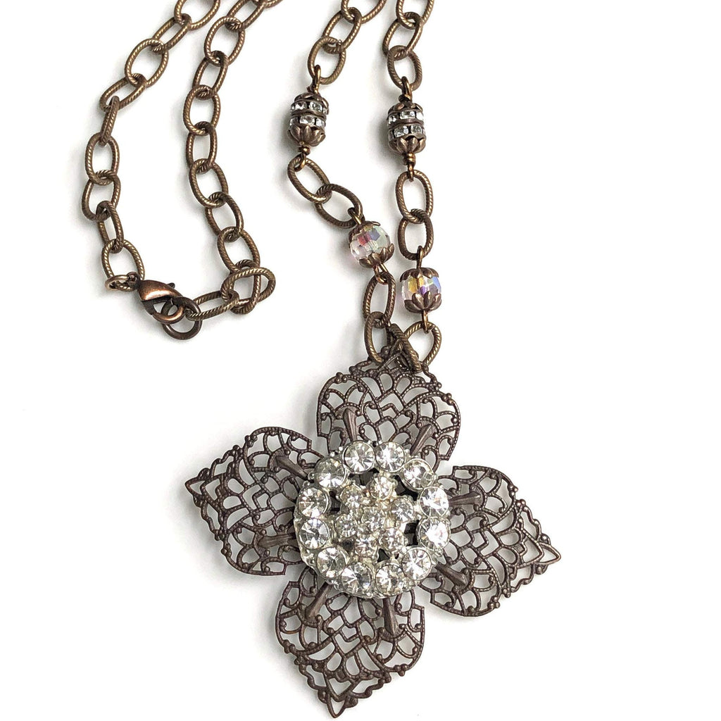 Vintage Button Jewelry Button Necklace with Brass Filigree Cross & Rhinestones