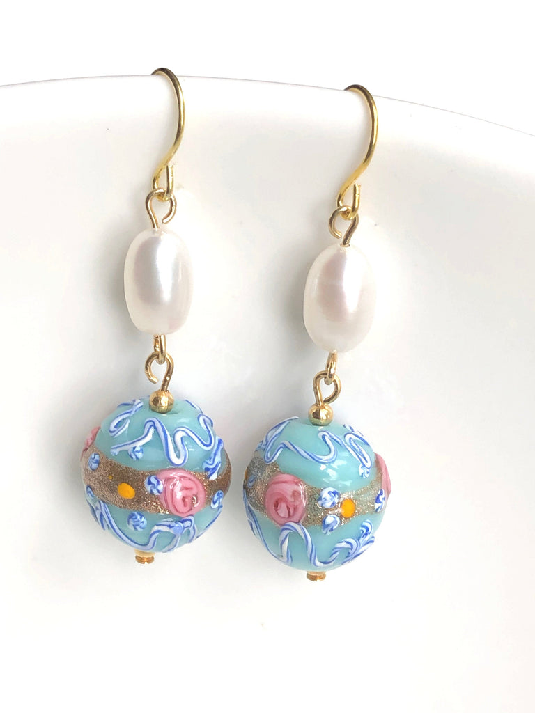 Murano Glass Earrings with Vintage Venetian Wedding Cake Lampwork Beads and Pearl Drops Vintage Jewelry 