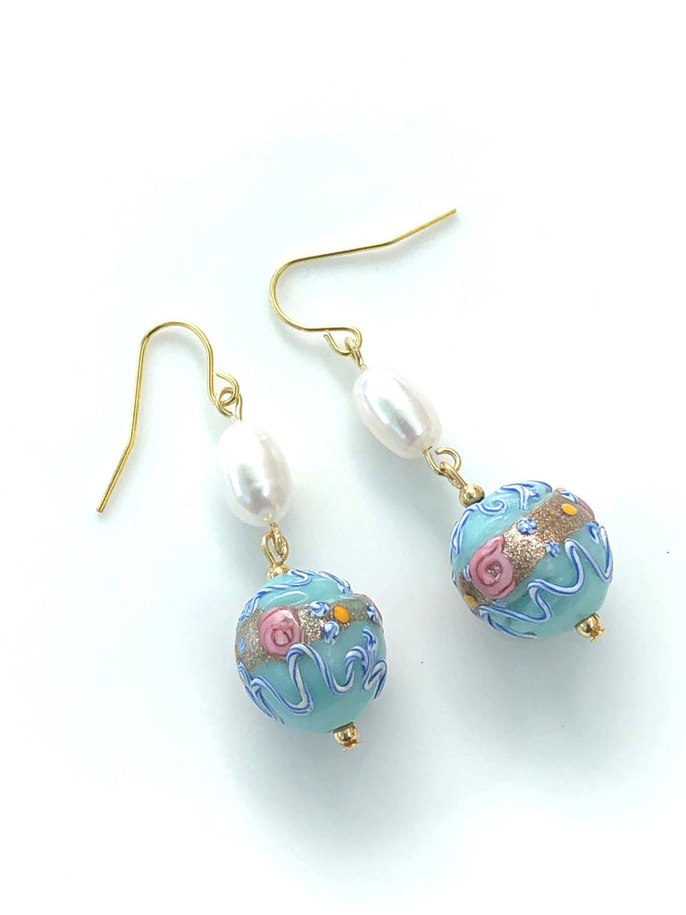 Murano Glass Earrings Vintage Jewelry Pearl Drop Earrings with Vintage Venetian Wedding Cake Lampwork Beads