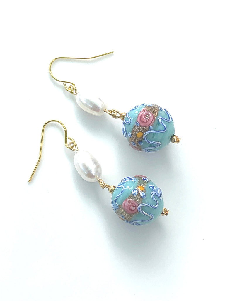 Pearl Drop Earrings with Light Blue Vintage Venetian Wedding Cake Lampwork Beads