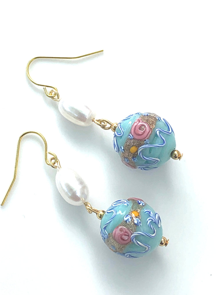 Murano Glass Earrings Pearl Drop Earrings with Light Blue Vintage Venetian Wedding Cake Lampwork Beads