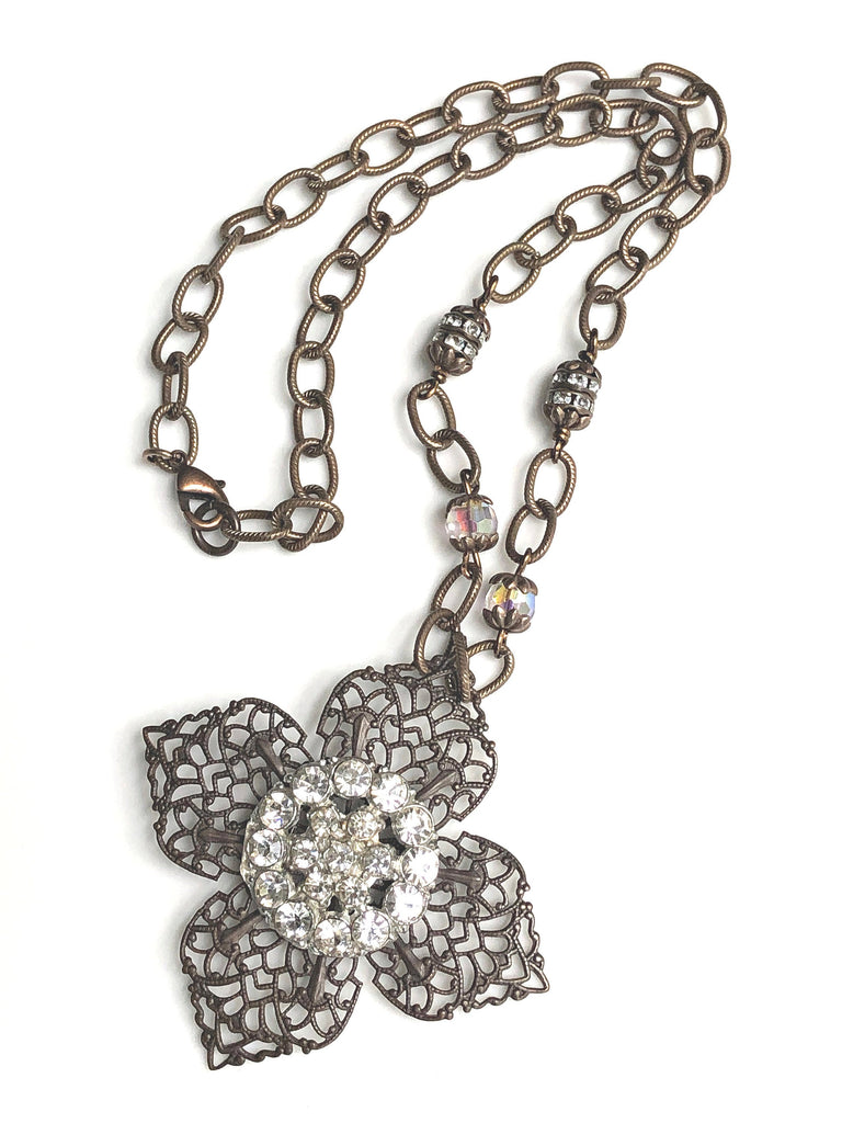 Vintage Button Jewelry / Antique Button Jewelry /Crystal and Rhinestone Button Necklace