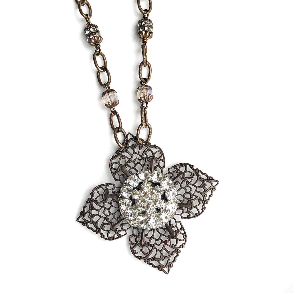 Button Jewelry Brass Filigree Cross Pendant Necklace with Rhinestones