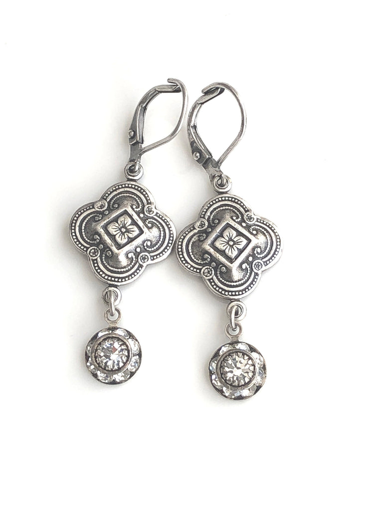 Antique Silver Clover Earrings with Swarovski Crystals