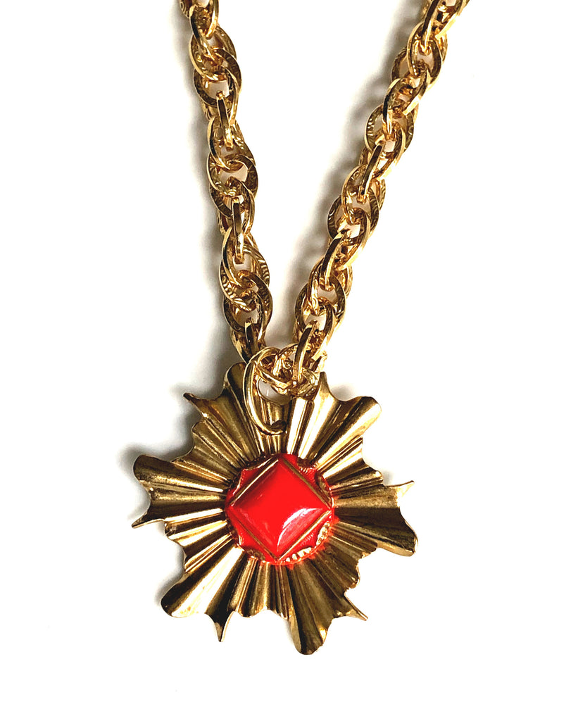 Vintage Button Jewelry / Antique Button Jewelry / Gold statement necklace with red pendant