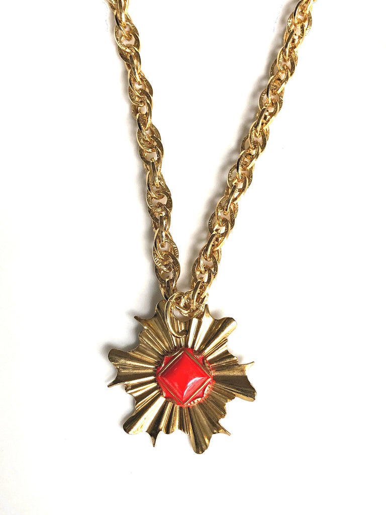 Vintage Button Jewelry / Antique Button Jewelry / Vintage button necklace with large red pendant & gold chunky chain