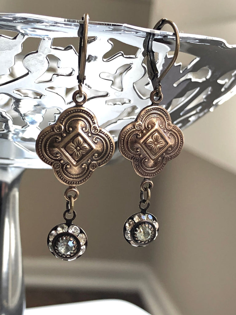 Brass Drop Clover Earrings with Small Swarovski Crystal Drops Hanging