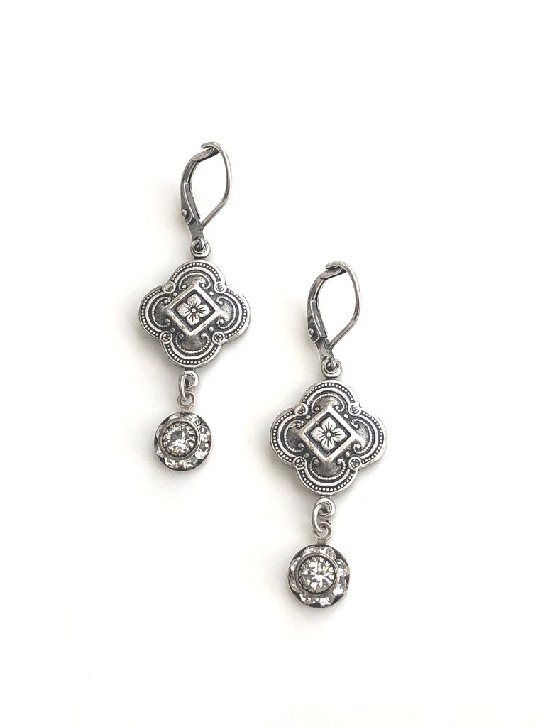 Silver Clover Drop Earrings with Small Swarovski Crystal Drops