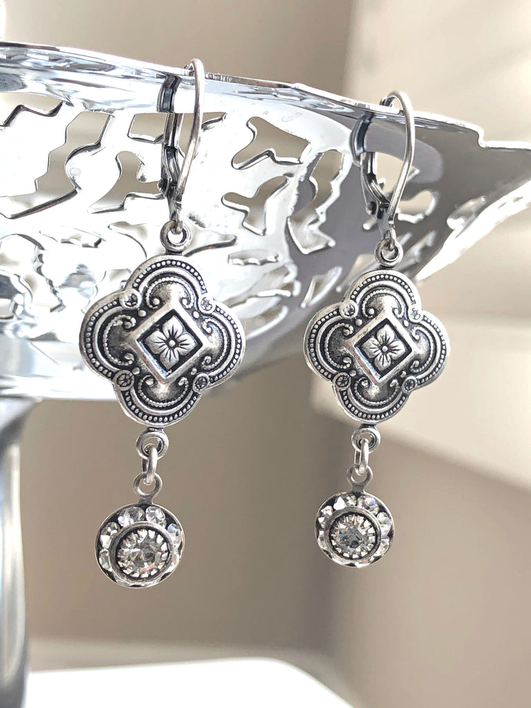 Silver Clover Drop Earrings with Small Swarovski Crystal Drops Hanging