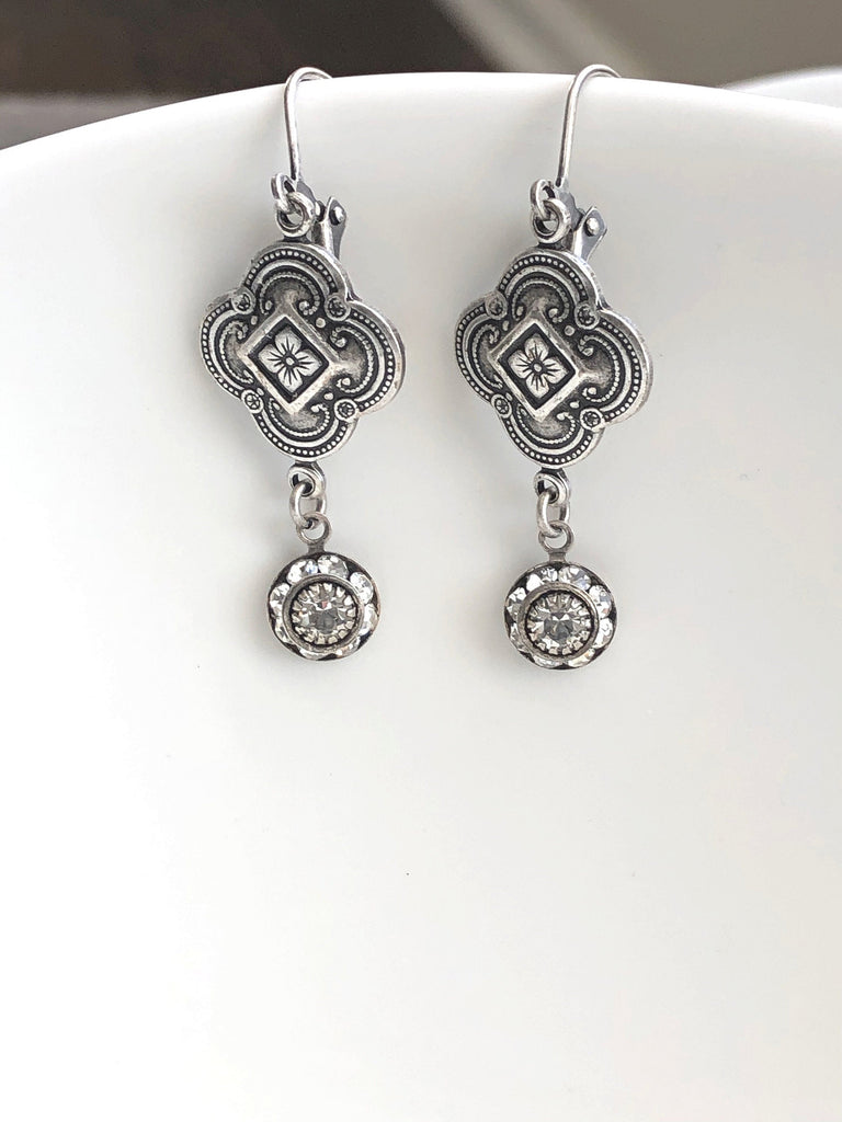 Silver Clover Drop Earrings with Small Swarovski Crystal DropsHanging