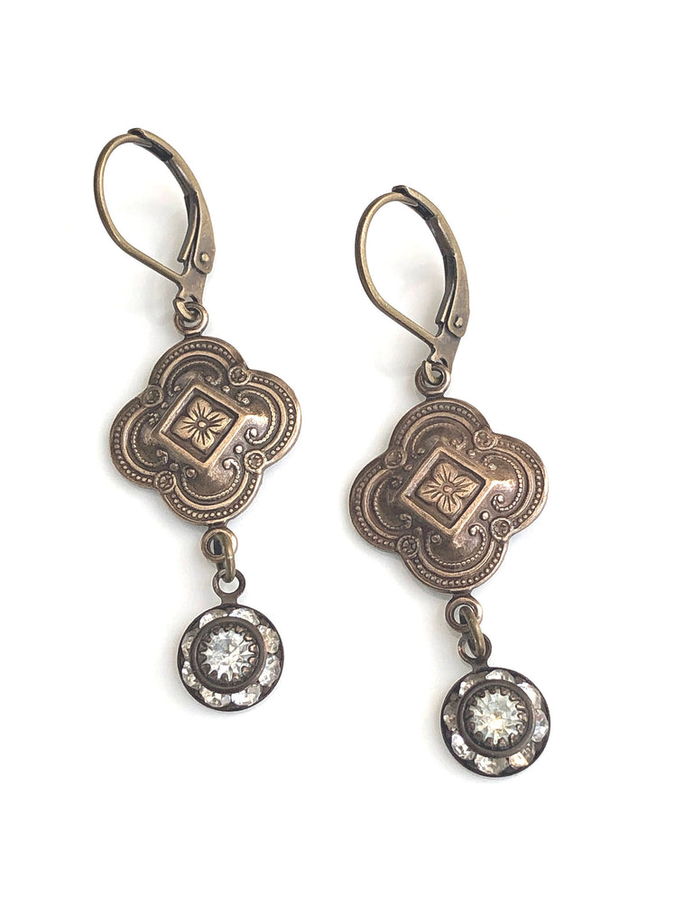 Antique Brass Quatrefoil Clover Earrings with Swarovski Crystals