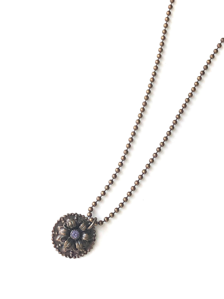 Brass Sunflower Necklace, Violet Purple Crystal Flower Necklace