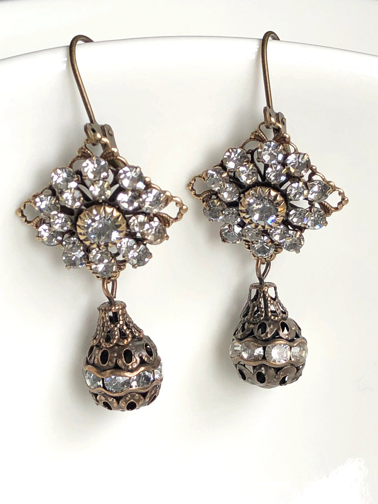 Antique Brass Swarovski Crystal Earrings with Crystal Drops