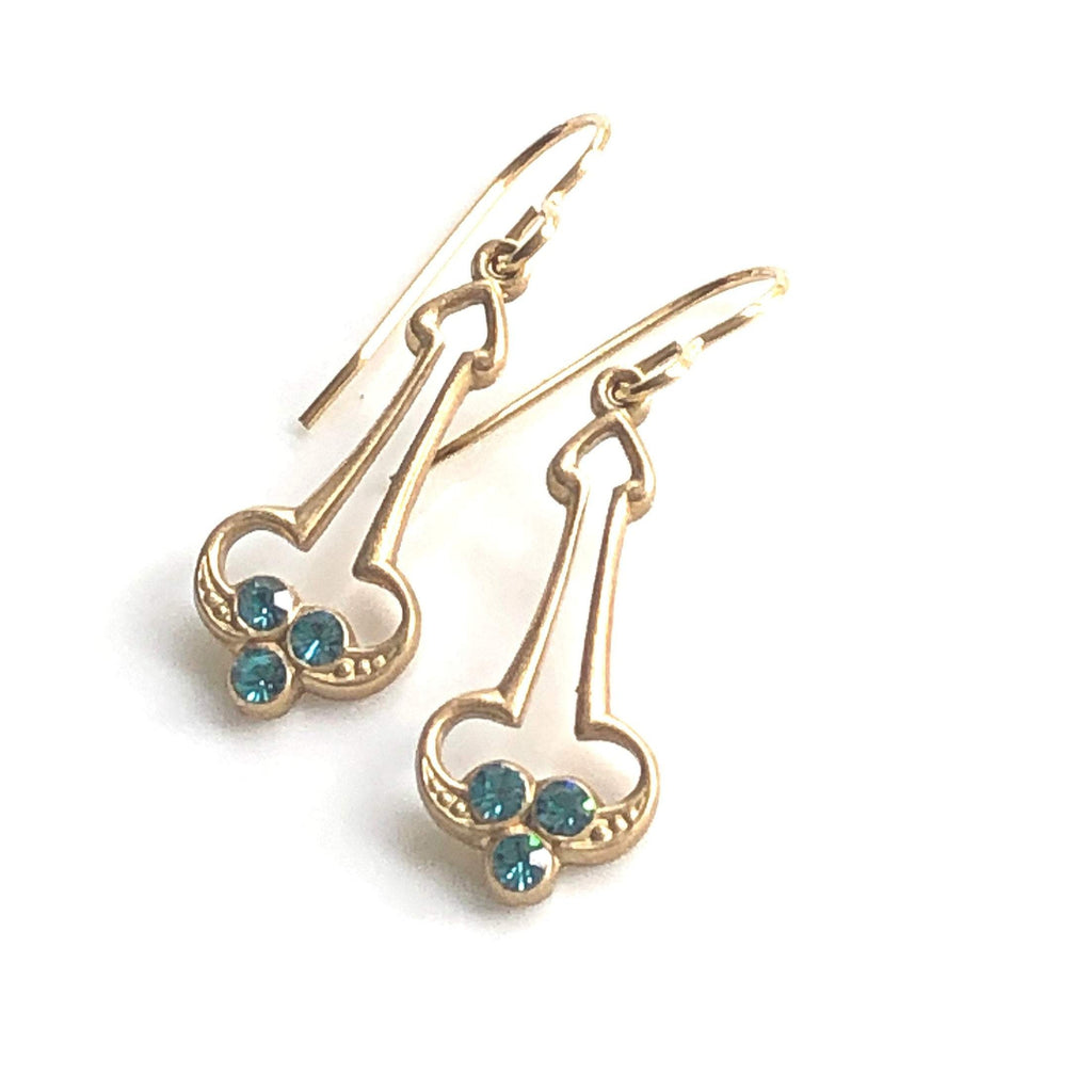 Gold Art Deco Earrings - Swarovski Earrings with Teal Blue Crystals