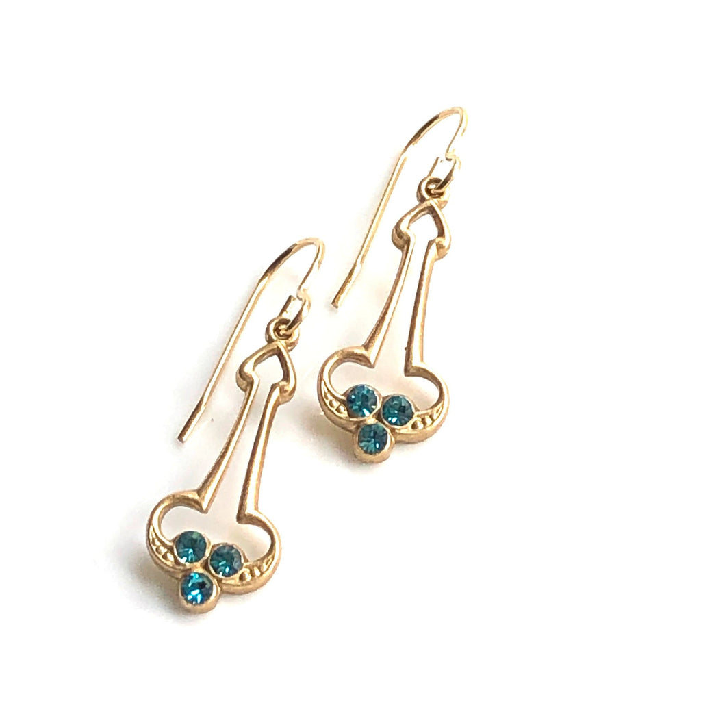 Gold Art Deco Earrings - Swarovski Earrings with Teal Blue Crystals