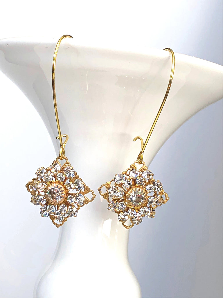 Gold Swarovski Crystal Earrings with Diamond Shaped Crystal Drops