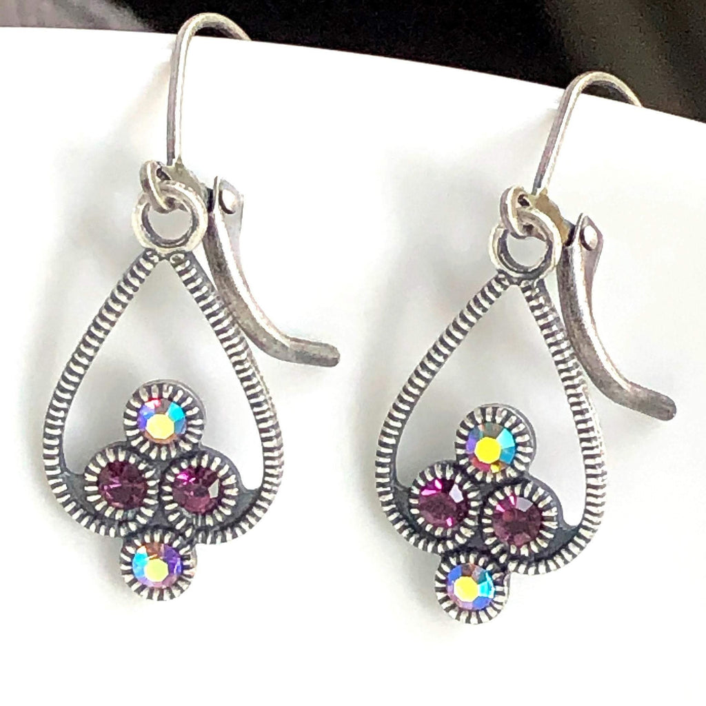 Silver Art Deco Earrings - Swarovski Crystal Earrings - Purple Earrings Close up