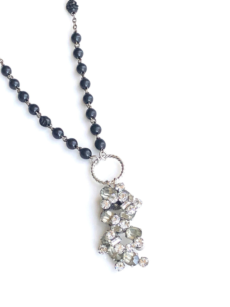 Vintage rosary necklace repurposed rhinestone pendant