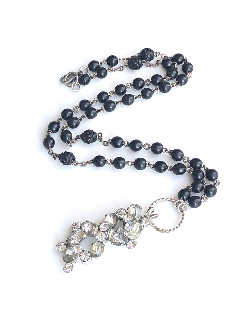 Vintage rhinestone pendant necklace with black rosary 