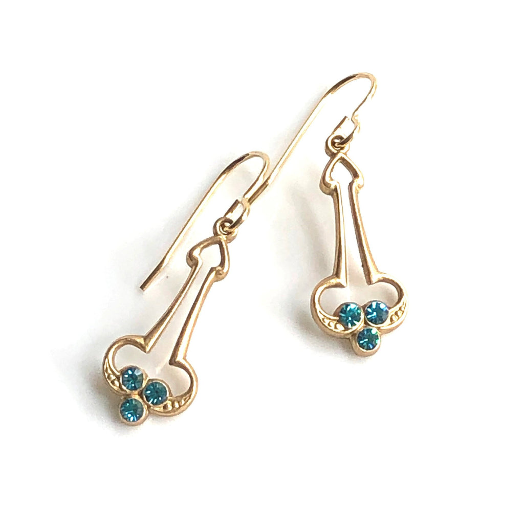 Gold Art Deco Earrings - Swarovski Earrings with Teal Blue Crystals