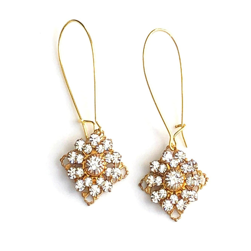 Gold Swarovski Crystal Earrings with Diamond Shaped Crystal Drops