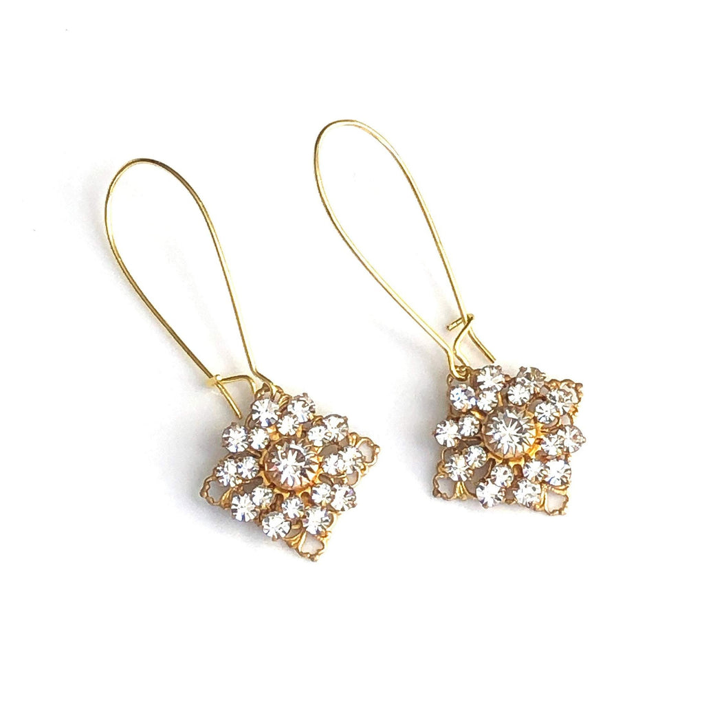 Gold Swarovski Crystal Earrings with Diamond Shaped Crystal Drops