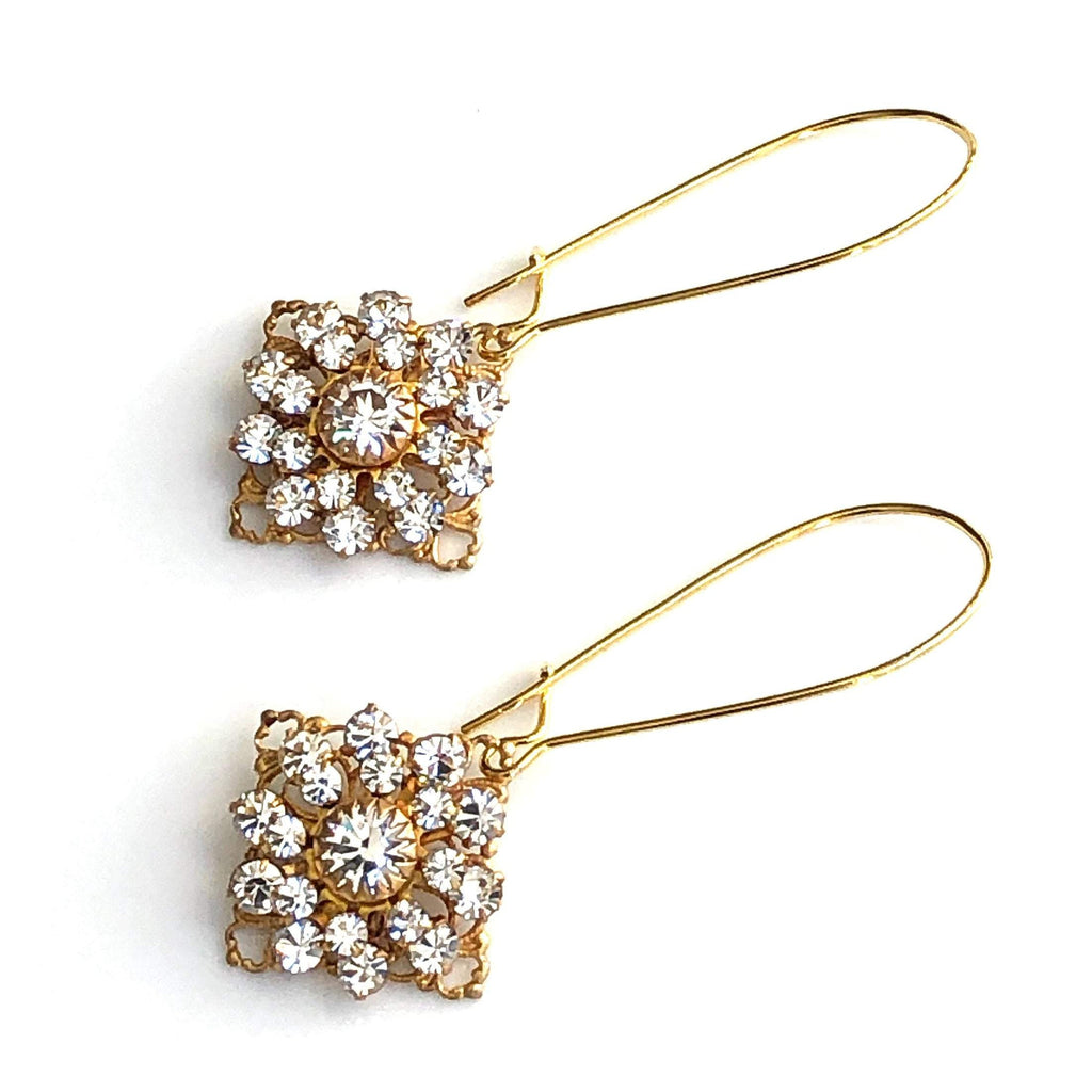 Gold Swarovski Crystal Earrings with Diamond Shaped Crystal Drops